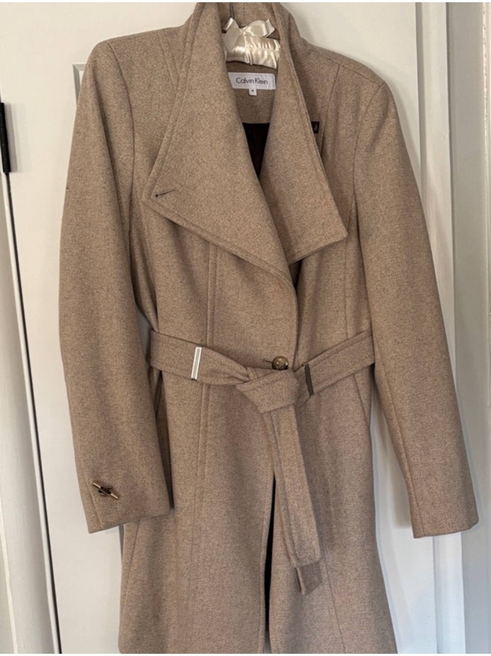 Calvin Klein Wool Blend Belted Wrap Coat — Oatmeal Tan — Size M 🧥